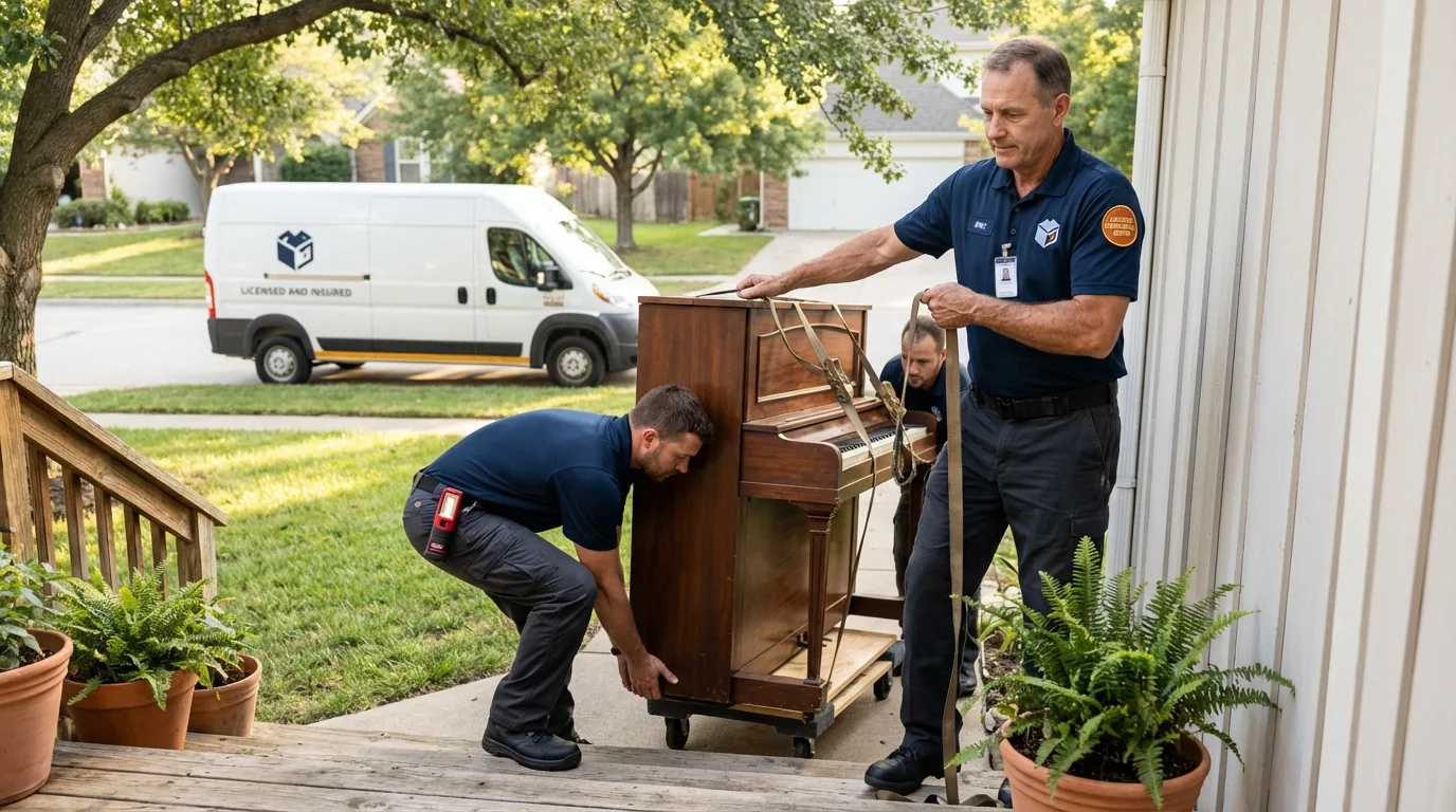 Licensed piano movers securing grand piano in Telluride, CO