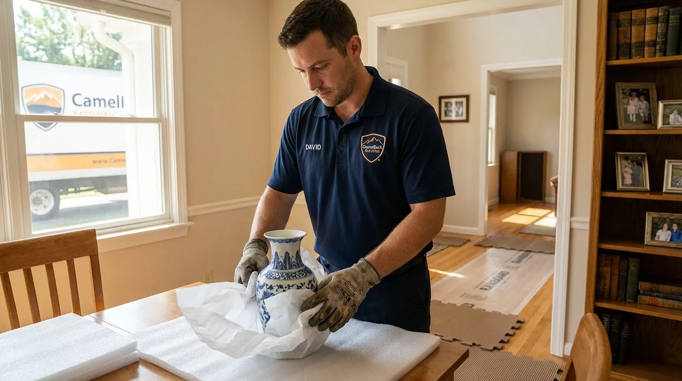 Professional crew carefully wrapping antique vase for senior downsizing move in Telluride, CO